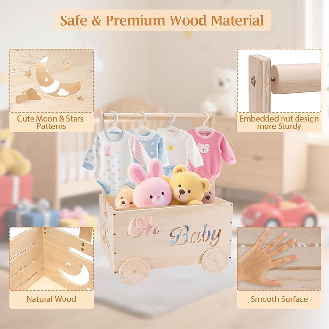 Wooden Baby Shower Crate Closet, Baby Shower Gifts Basket for Newborn Boys Girls, Personalized Babyshower Crate Box with Handle & Wheels, Pregnancy Gifts for New Mom Parents
