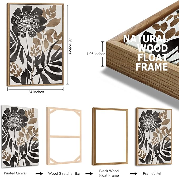 Large Framed Canvas Wall Art - Natural Float Framed Rustic Black Flowers Leaves Pictures Decor Brown Floral Foliage Artwork for Bedroom Living Room Kitchen Home Office Decoration 72" X 36" Set of 3