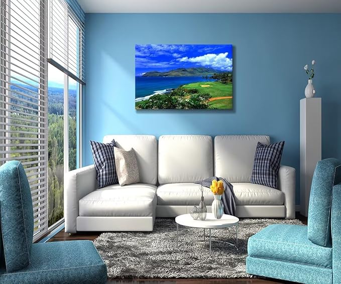 chenchenArt Lagoons Golf Course Wall Art for Living Room Bedroom Bathroom Home Decoration Hawaii Ocean Golf Course Picture Poster Canvas Prints Modern Artwork Framed Ready to Hang(28''H x 44''W)