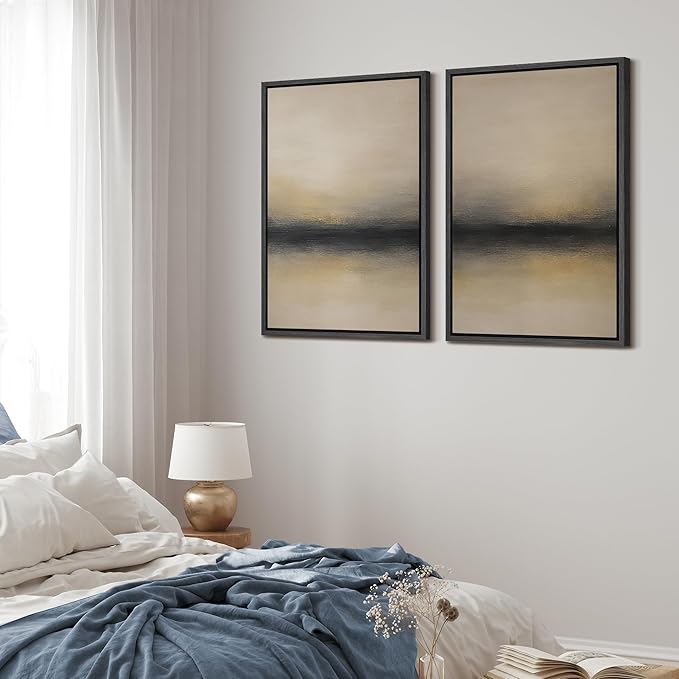 MUDECOR Framed Canvas Print Wall Art Abstract Sunset Horizon Modern Minimalist Beige and Black Illustrations Modern Art Decorative Bohemian Colorful for Living Room, Bedroom, Office - 16"x24"x2 Black