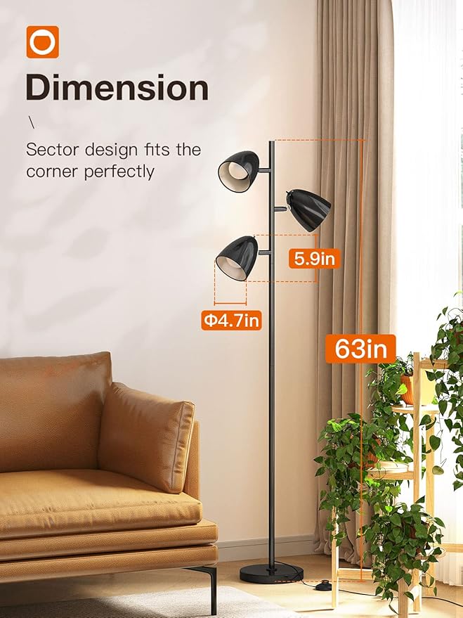 addlon Tree Floor Lamp with 3 Adjustable Rotating Lights and Matching LED Bulbs, Standing Tall Pole Lamps for Living Room, Bedroom, Home, Office - Black