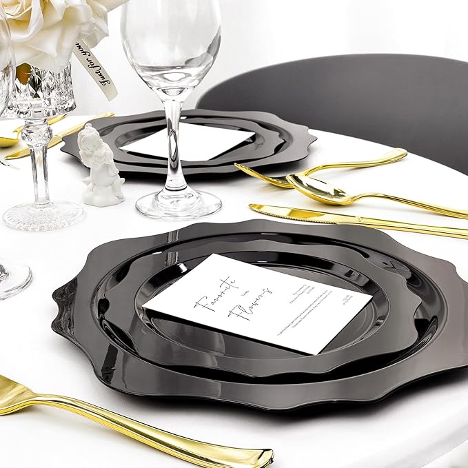 100 PCS Black Disposable Plates for 50 Guests, Scalloped Plastic Plates Include 50 Dinner Plates and 50 Dessert Plates for Party, Wedding, Graduation and Father's Day