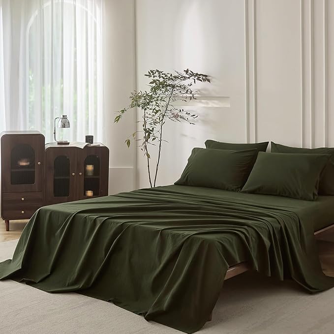 6PS Linen Like Bedding Sheet Sets Olive Green Queen Size Cotton Bedding Set Oeko-TEX Standard 100% Washed Cotton Deep Pocket Queen Size Fitted Sheet Plus Cozy Flat Sheet and 4 Pillowcases