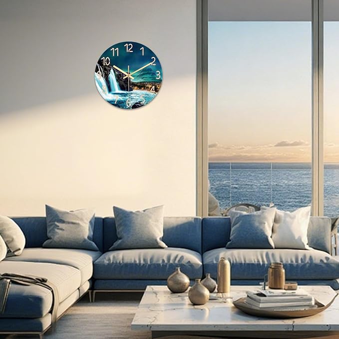 XNM Natural Landscape Teal Wall Clock for Bedroom Round Small Wall Clocks Battery Operated 12 Inch Glass Silent Clock Analog