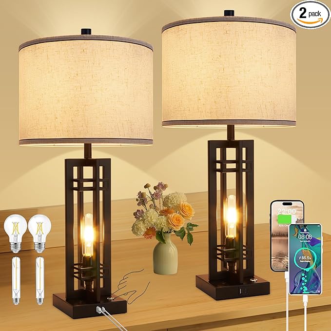 27" Touch Control Farmhouse Table Lamps, Set of 2 Tall Rustic Table Lamps 2-Light Design with USB A+C Ports, Bedside Lamps with Cream Shade for Living Room Home Office, 4 LED Bulbs Included