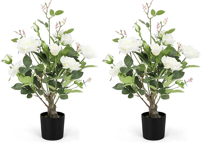 2Pack Artificial Rose Flower Trees, 24Inch White Faux Rose Tree with Green Leaves for Living Room Office Home Outdoor Indoor Decor,2FT White