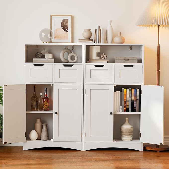 Gizoon Storage Cabinet, Bathroom Cabinet with 2 Drawers and Adjustable Shelves, Freestanding Storage Organizer with Doors for Bathroom, Living Room, Kitchen, Home Office, Hallway