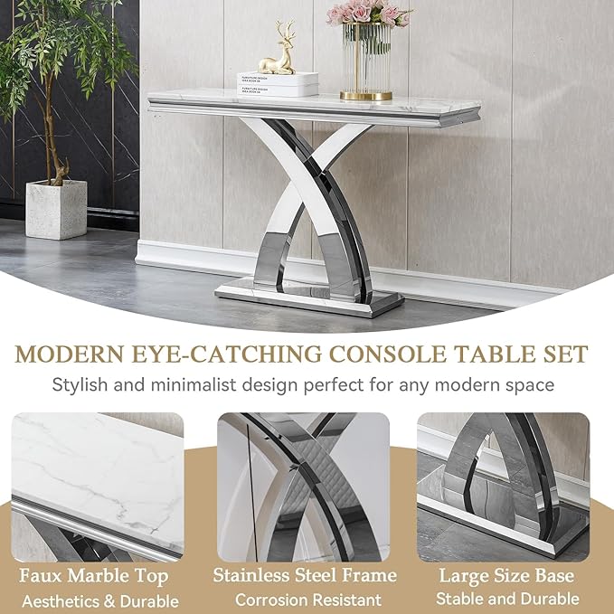 Marble Console Entryway Table, 47 inch Faux Marble Narrow Long Sofa Table, Modern White Tall Accent Table for Living Room, Entrance Table with Silver Geometric Stainless Steel Frame