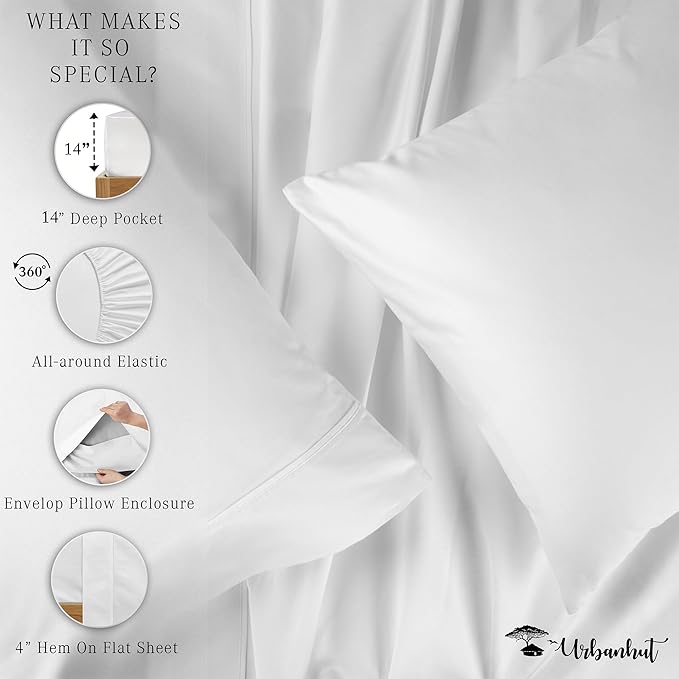 URBANHUT 700 Thread Count Egyptian Cotton Sheets Full Size, 4Pc Sheet Set Soft Luxury Bed Sheets for Full Size Bed, Sateen Weave Hotel Sheets, 16'' Elasticized Deep Pocket - White