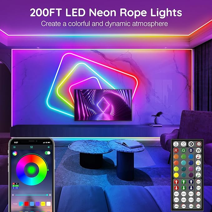AILBTON 200FT Led Neon Rope Lights Control with App/Remote,Flexible Led Rope Light,Multiple Modes,IP65 Outdoor RGB Lights Waterproof,Music Sync Gaming Led Neon Strip Light for Bedroom Decor