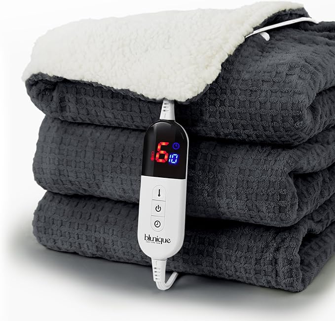 Heated Blanket Electric Blanket Full Waffle,72x84 Inches Sherpa Fleece Fast Heating Blanket 6 Heating Levels & 10 Hours Auto Off ETL Certification,Charcoal Full