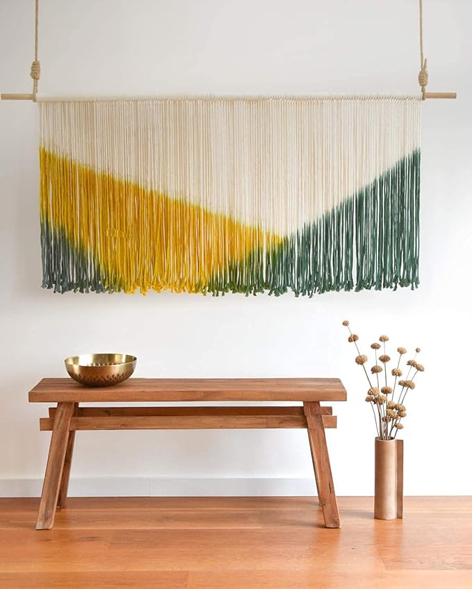 Flber Large Wall Hanging Tie-Dye Yarn Tapestry Geometric Colorful Bohemian Wall Décor 57" Wx31 L (Green Yellow)