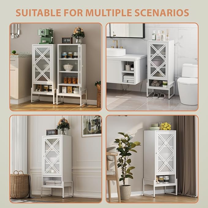 LEYNOT Small Bathroom Storage Cabinet 42.51“H Metal Bathroom Floor Cabinet with Adjustable Shelves for Pantry，Kitchen, Home Office, Living Room, Dinning Room (White+Transparent Door Panel)