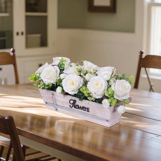 Centerpiece Table Decorations Rustic Wood Tray with 3 Artificial White Rose Flowers and Fake Eucalyptus for Dining Room Farmhouse Living Room Kitchen and Coffee Table Décor