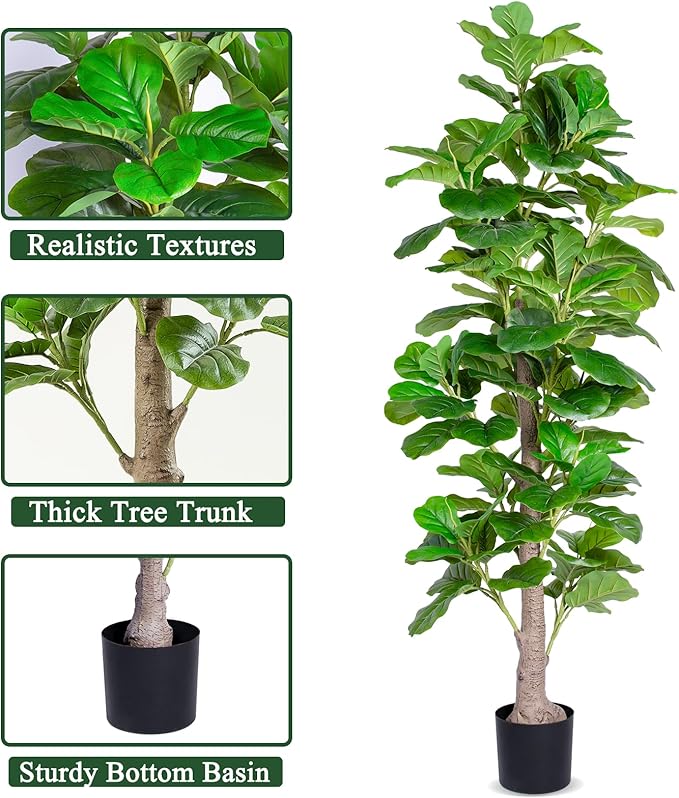 Artificial Fiddle Leaf Fig Tree Indoor, 6FT Tall Faux Tree with Natural Wood Trunk and Lifelike Leaves, Tall Artificial Plants Indoor, Fake Plants for Home, Office, Living Room Decor