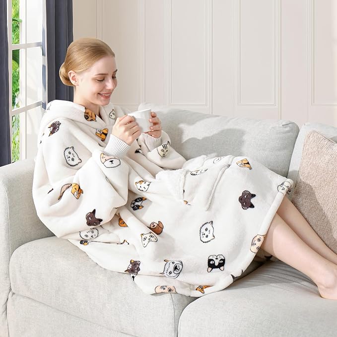 Touchat Wearable Blanket Hoodie, Oversized Sherpa Blanket Sweatshirt for Women with Hood Pocket and Sleeves, Super Soft Warm Plush Hooded Blanket for Adult One Size Fits All (Animal)