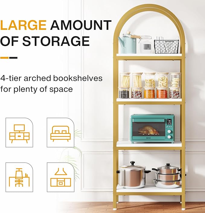 Tribesigns 4-Tier Open Bookshelf, 70.8" Modern Wood Bookcase Storage Shelves with Metal Frame, Freestanding Display Rack Tall Shelving Unit for Office, Bedroom, Living Room (White & Gold, 1PC)