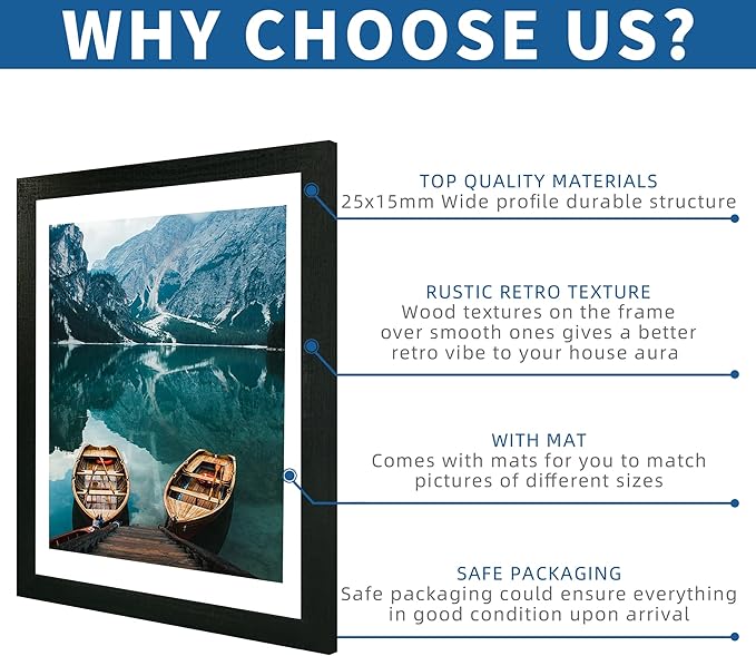 12x16 Picture Frame Set of 2, Rustic Black Wood Style - Display 12 x 16 Poster without Mat or 11x14 Picture with Mat, Wall Mounting Horizontal and Vertical