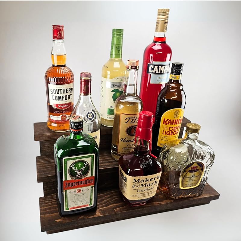 Handmade Liquor Bottle Display Shelf, Bar Display, Kitchen Counter Shelf, Crafted in USA with Premium Quality Wood, Rustic Espresso Finish (3 Tier, 20 inches)