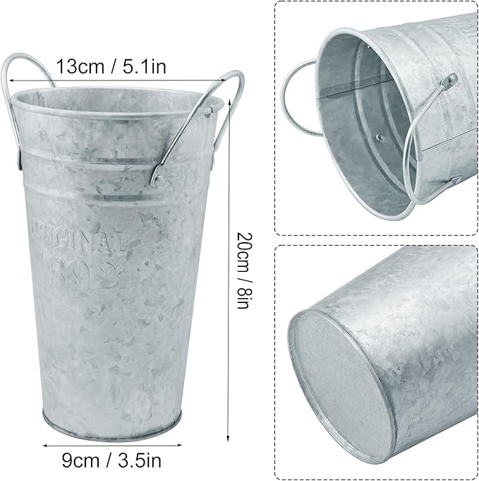 5 Packs 7.87 Inch Tall, Galvanized Metal Vases with Handles, Rustic Tall Flower Buckets for Cut Flowers, Country Wedding, Table Centerpiece Decorations, Vintage Style Flower Containers