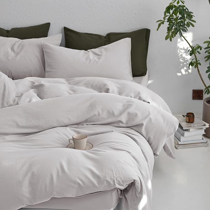 MooMee Queen Duvet Cover Set, 100% Washed Cotton Linen Like Twill Thick Sturdy Material Super Soft Breathable Durable Bedding for All Season, 3 Pieces (Light Gray, Queen 90"x90")