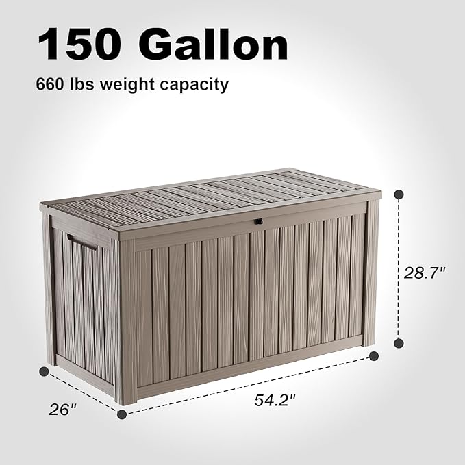 Gallon Large Deck Box,Resin Outdoor Storage Box with Lockable for Patio Furniture, Pool Accessories, Garden Tools Waterproof Outside Storage Box, Grey