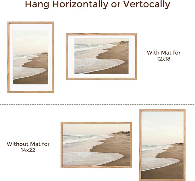 14x22 Oak Wood Picture Frame, 14"x22" Picture Frame Matted to 12"x18", Photo Frame 14 x 22 with Real Glass, 14x22 Wood Frame for Vertical or Horizontal Hanging (Natural Oak Color, 1 Pack)