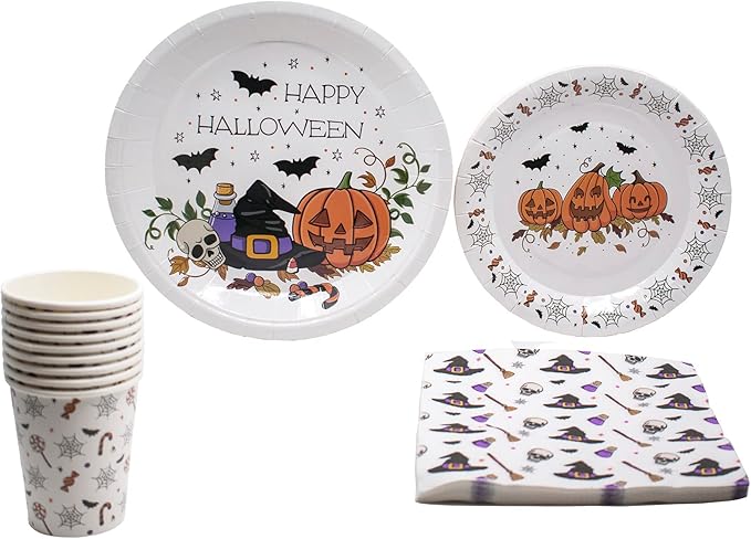 Halloween Fun Tableware Pack: Disposable Paper Plates, Napkins and Cups Set for 20