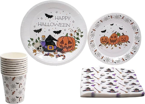 Halloween Fun Tableware Pack: Disposable Paper Plates, Napkins and Cups Set for 20