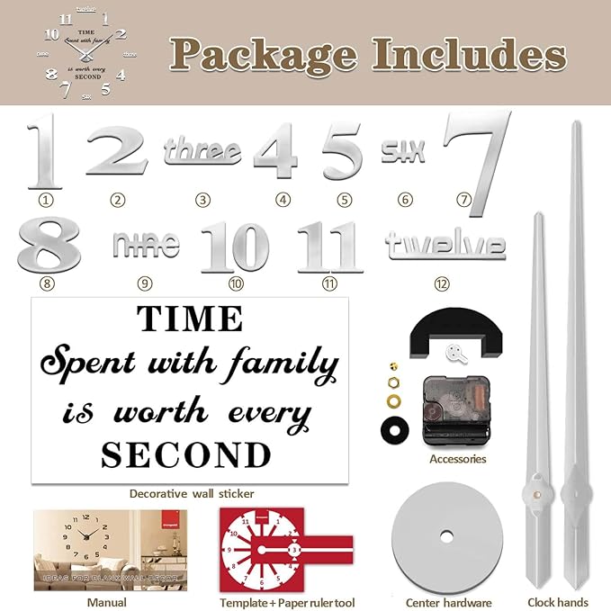 VANGOLD Large Wall Clocks for Living Room Decor, DIY Wall Clock Modern 3D Wall Clock with Mirror Numbers Stickers for Home Office Decorations Ideas (Black)