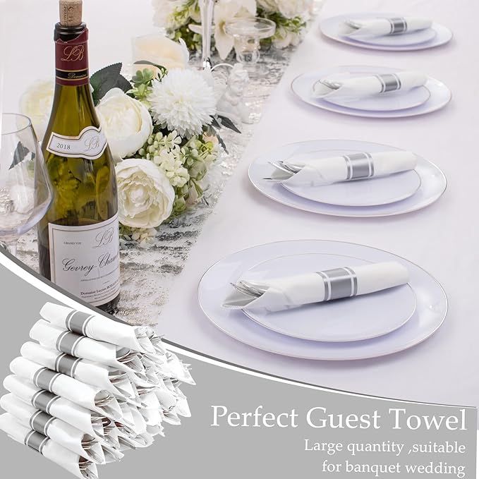 Supernal Silver Plastic Silverware,Rolled Plastic Silverware,Pre Rolled Napkins with Plastic Cutlery Set,Wrapped Plastic Cutlery Set with Napkin,Silverware Set Disposable Dinnerware Set 120 Guests
