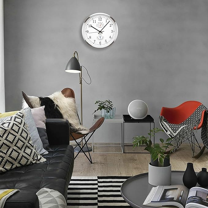 HITO 12 Inch Silent Wall Clock Battery Operated Non Ticking Glass Cover Silver Aluminum Frame, for Living Room Decor, Kitchen, Bedroom, Home Office (12" White)
