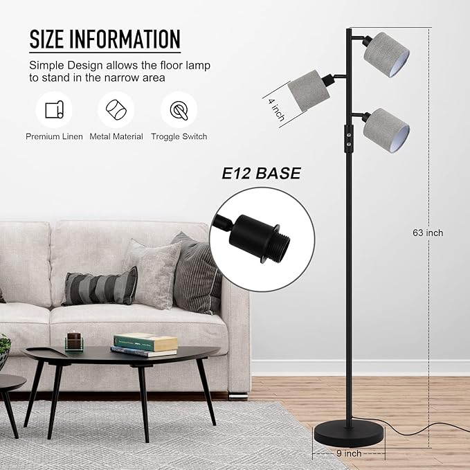 BoostArea Floor Lamps for Living Room, 3 Color Temperature, 3-Light Tree Standing Lamp, Minimalist Floor Lamp with Grey Lamp Shades Modern Pole Lamp for Bedroom Office Kids Room, Black (5W LED Bulbs)