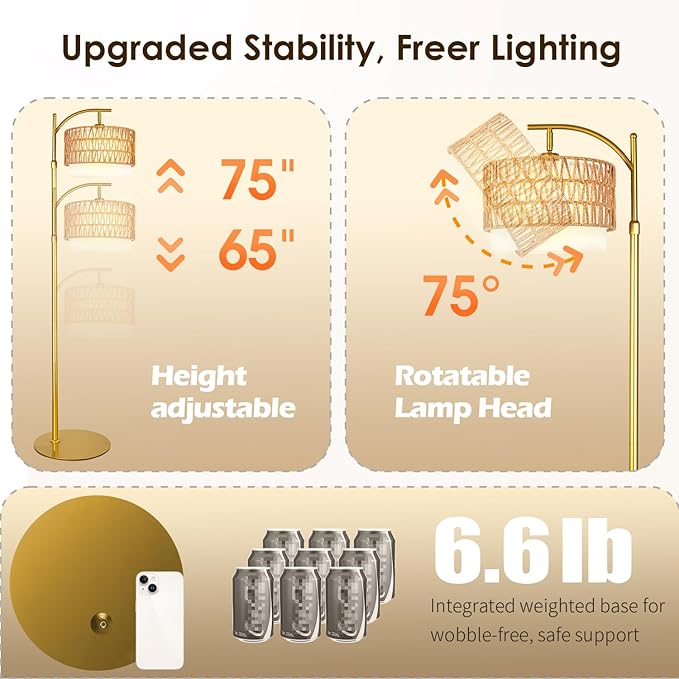 Bohemian Rattan Floor Lamp for Living Room - Golden Arc Design, 12W LED (1 in use + 1 Spare), Remote & Dimmable 3 - Color Temp, Tall Standing Lamp