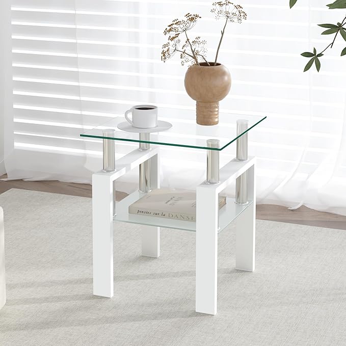 IANIYA Modern Glass End Table, 2-Tier Side Table with Tempered Glass Top & Metal Legs, Night Stand Corner for Living Room, Bedroom, White
