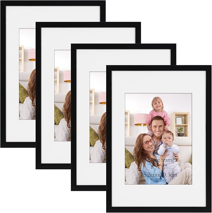 Giftgarden A4 Picture Frame Set of 4, Matted to 6x8 Picture with Mat, 8.3x11.7 Inch Photo Frames for Wall or Tabletop Display, Black