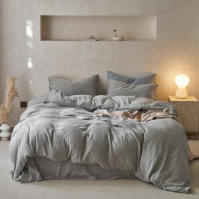 VM VOUGEMARKET Muslin Duvet Cover King Size,Breathable Linen Like Guaze Textured Bedding Comforter Cover Set 3 Pieces Minimalist Duvet Cover with 2 Pillowcases, 104"x90",Grey