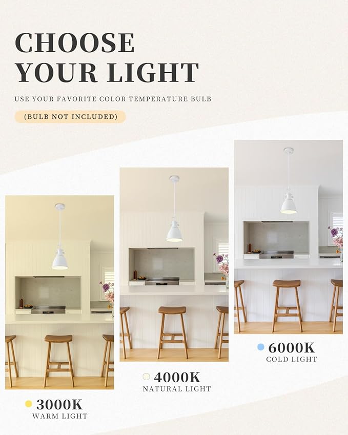 White Pendant Lights Kitchen Island 3 Pack, Vintage Pendant Light, 6.5’’ Farmhouse Pendant Light Fixtures, Adjustable Height, Pendant Lighting for Dining Room, Living Room, Sink, Bar
