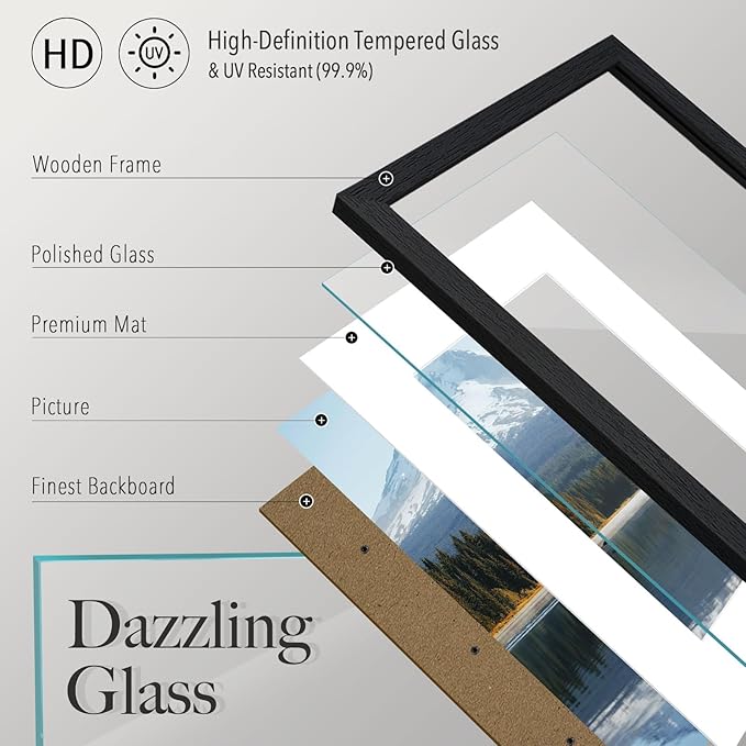 VCK 12x16 Picture Frame 2 Pack - Black, High-End Wood Poster Frames with Tempered Glass, Display 8.5x11 Photo with Mat or 12x16 without Mat, Art Gallery-Quality, Wall Hanging, Black
