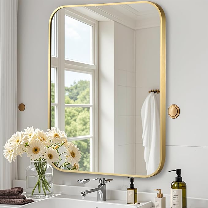 Brushed Gold Mirror, 30"x36" Rectangle Bathroom Mirror, Metal Frame Rectangle Corner Vanity Mirror, Wall Mounted Mirror for Modern, Living Room, Bedroom, Horizontal Or Vertical