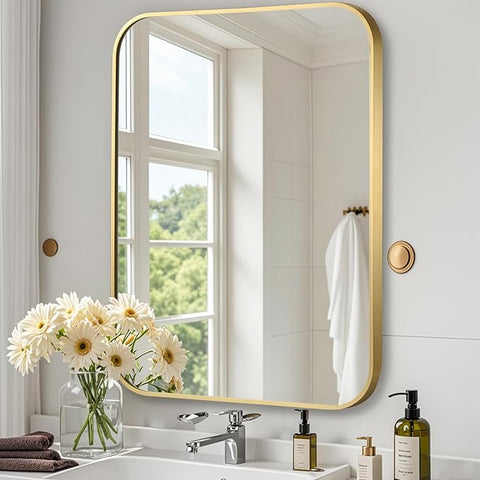 Brushed Gold Mirror, 20"x30" Rectangle Bathroom Mirror, Metal Frame Rectangle Corner Vanity Mirror, Wall Mounted Mirror for Modern, Living Room, Bedroom, Horizontal Or Vertical