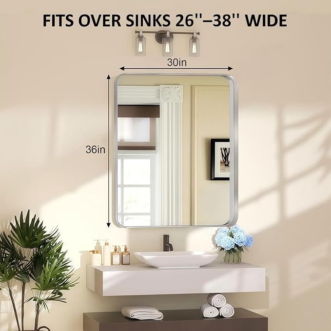 30×36 Silver Bathroom Vanity Mirror - Rectangle Mirror for Over Sink with Tempered Glass & Rounded Corners for Entryway, Restroom, Bedroom Horizontal/Vertical Wall-Mounted, Farmhouse Modern