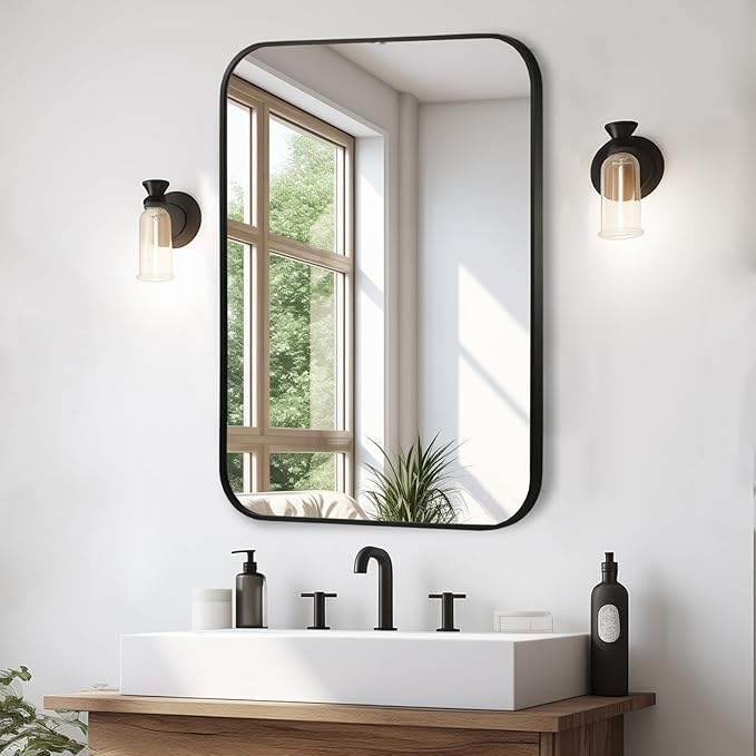 Matte Black Mirror, 20"x28" Rectangle Bathroom Mirror, Metal Frame Rectangle Corner Vanity Mirror, Wall Mounted Mirror for Modern, Living Room, Bedroom, Horizontal Or Vertical