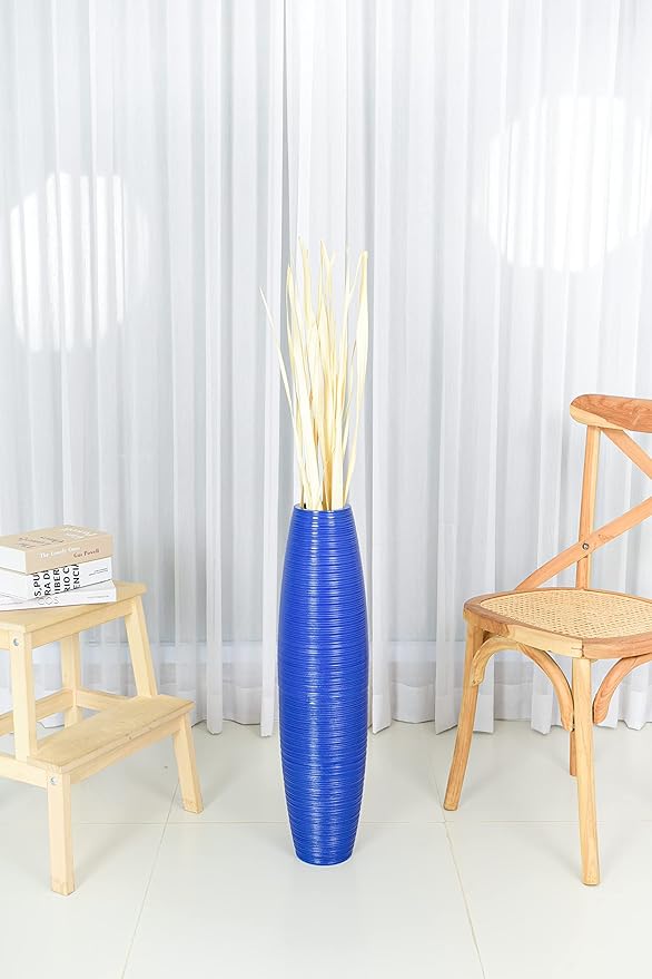 Leewadee Large Blue Home Decor Floor Vase – Wooden 28 inches Tall Farmhouse Decor Flower Holder for Fake Plant and Pampas Grass