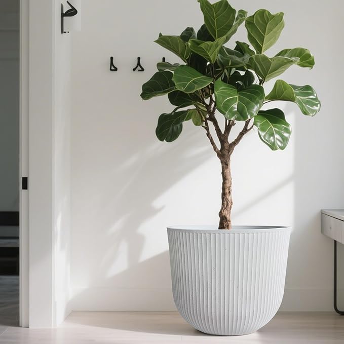 WORTH Garden Round Large Planter Pot 1-Pack - 17.5" Dia x 15.5" H - Durable Plastic White Plant Tree Pots with Vertical Stripe Textured Finish, Drainage Hole for Indoor, Outdoor, Front Porch, Patio