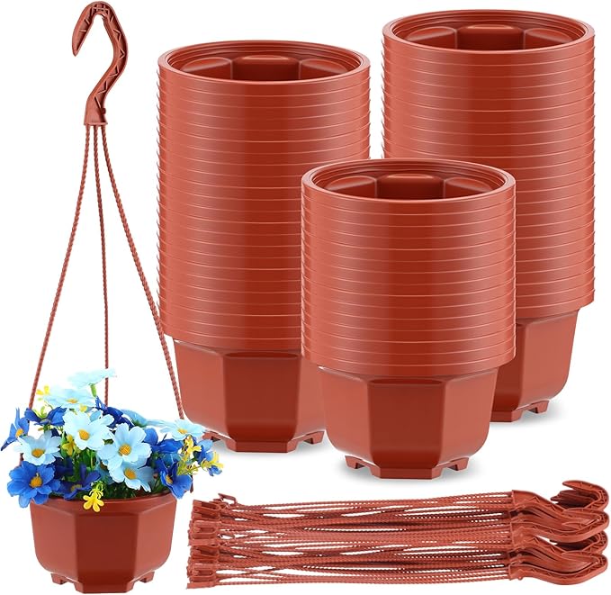 Roshtia 50 Pcs Plastic Hanging Plant Pots with Hooks Flower Pots Baskets Outdoor Hanging Nursery Planter Holder for Home Garden Balcony Porch(Brown,5.1 inch)