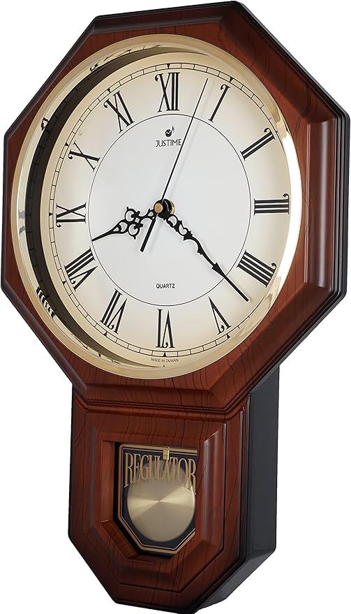 JUSTIME Traditional Schoolhouse Gradient Roman Regulator Wall Clock, Chiming Wall Clocks with Pendulum & Westminster Chime Hourly, Schoolhouse Wall Decor Battery Operated (Red Mahogany)