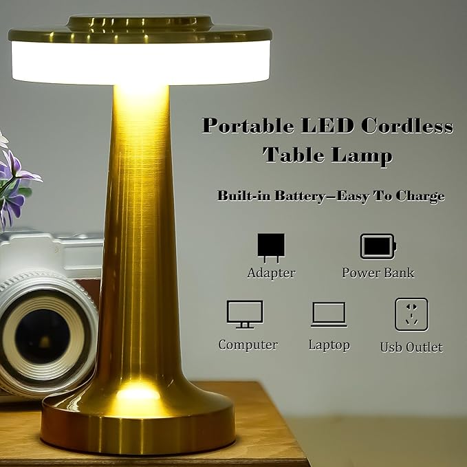 Riakrum 4 Pcs Portable Cordless Table Lamp with Touch Sensor 3 Color Stepless Dimming Rechargeable Battery up to 15 Hours Cordless Table Light Wireless Lamp for Nursery(Gold)