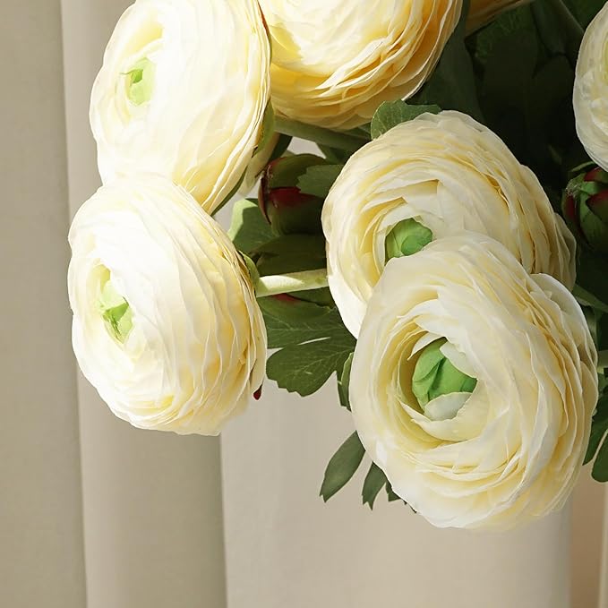 10PCS Artificial Ranunculus Flowers with Real Touch Stem Silk Ranunculus Blooming Flowers Faux Leave for Home Decor Bouquet Ivory Artificial Mums