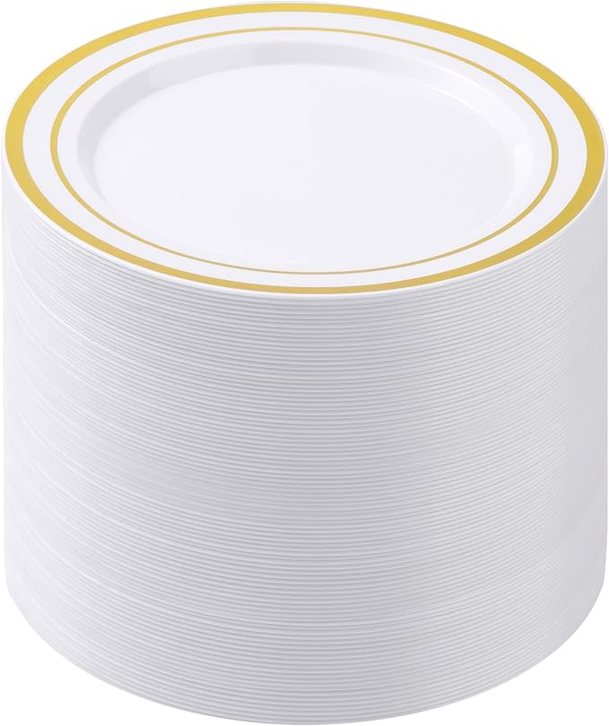 100PCS White Plastic Plates for Party, 7 Inch Heavy Duty Dinner Plates with Gold Rim, Disposable Plates for Wedding and Birthday